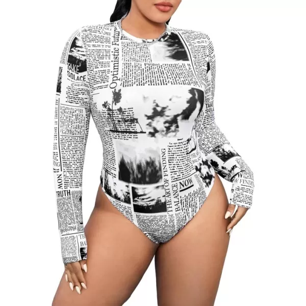 WDIRARA Women's Plus Size Newspaper Printed Bodysuits All Over Print Long Sleeve Bodysuit Shirts
