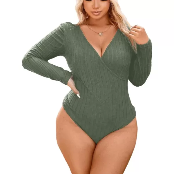 WDIRARA Women's Plus Size Ribbed Knit Wrap V Neck Long Sleeve Stretchy Basic Bodysuit Tops