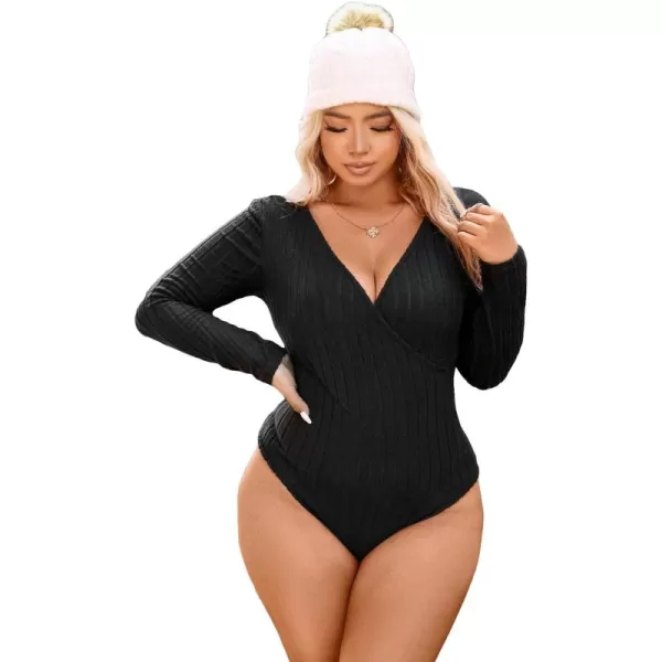 WDIRARA Women's Plus Size Ribbed Knit Wrap V Neck Long Sleeve Stretchy Basic Bodysuit Tops