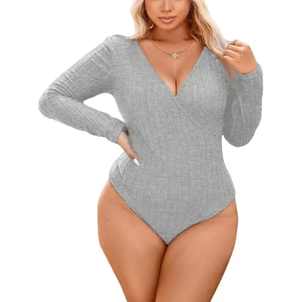 WDIRARA Women's Plus Size Ribbed Knit Wrap V Neck Long Sleeve Stretchy Basic Bodysuit Tops