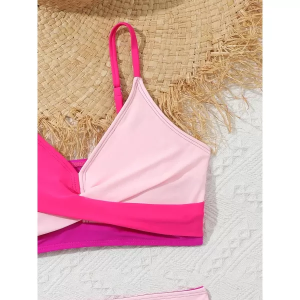 WDIRARA Girl's Color Block Twist Criss Cross Bikini Set Swimsuit Two Piece V Neck Bathing Suit