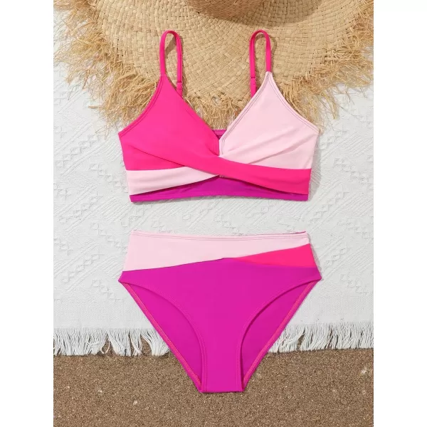 WDIRARA Girl's Color Block Twist Criss Cross Bikini Set Swimsuit Two Piece V Neck Bathing Suit