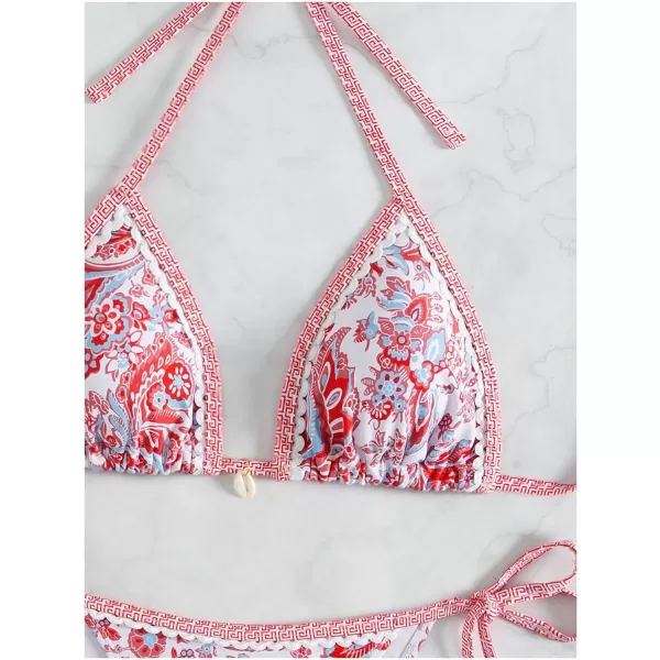 WDIRARA Women's 2 Piece Boho Swimsuits Floral Print Halter String Triangle Bikini Set Beach Bathing Suit