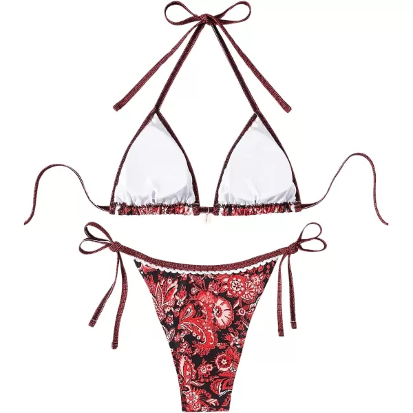 WDIRARA Women's 2 Piece Boho Swimsuits Floral Print Halter String Triangle Bikini Set Beach Bathing Suit