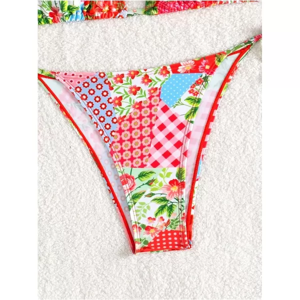 WDIRARA Women's 2 Piece Boho Swimsuits Floral Print Halter String Triangle Bikini Set Beach Bathing Suit