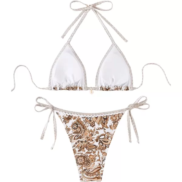 WDIRARA Women's 2 Piece Boho Swimsuits Floral Print Halter String Triangle Bikini Set Beach Bathing Suit