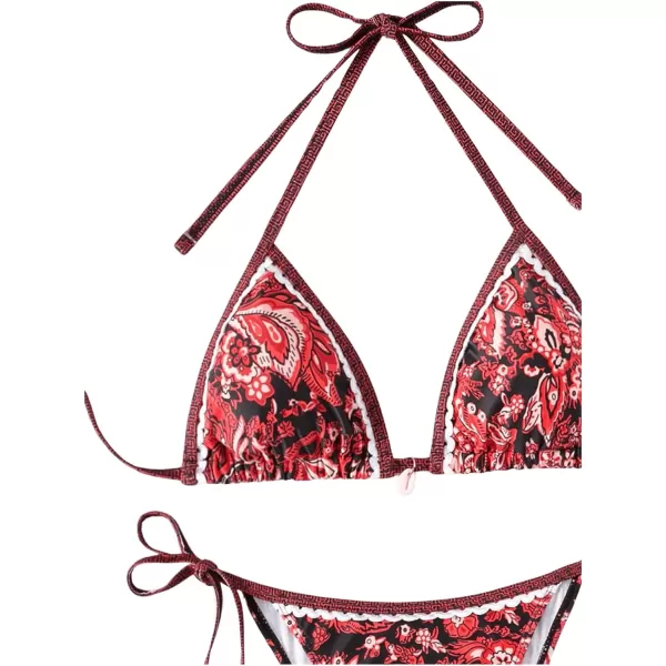 WDIRARA Women's 2 Piece Boho Swimsuits Floral Print Halter String Triangle Bikini Set Beach Bathing Suit