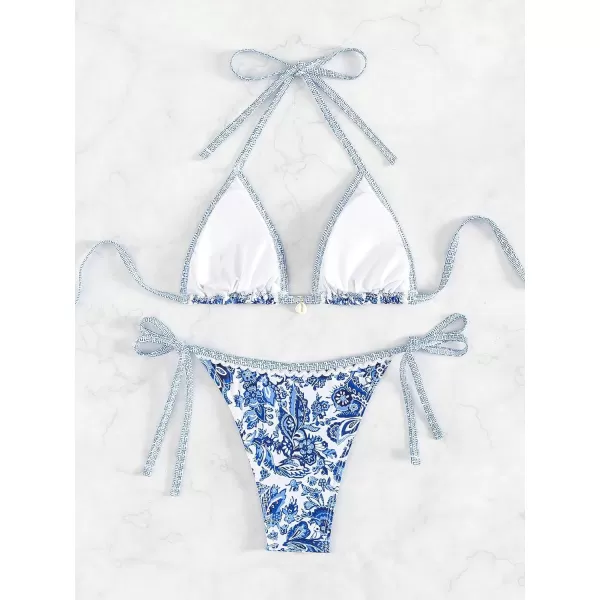 WDIRARA Women's 2 Piece Boho Swimsuits Floral Print Halter String Triangle Bikini Set Beach Bathing Suit