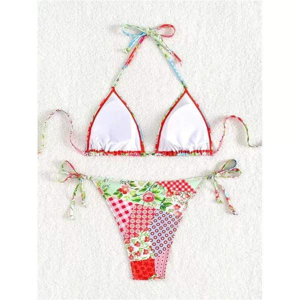 WDIRARA Women's 2 Piece Boho Swimsuits Floral Print Halter String Triangle Bikini Set Beach Bathing Suit