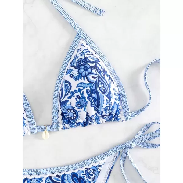 WDIRARA Women's 2 Piece Boho Swimsuits Floral Print Halter String Triangle Bikini Set Beach Bathing Suit
