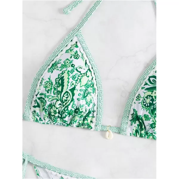 WDIRARA Women's 2 Piece Boho Swimsuits Floral Print Halter String Triangle Bikini Set Beach Bathing Suit