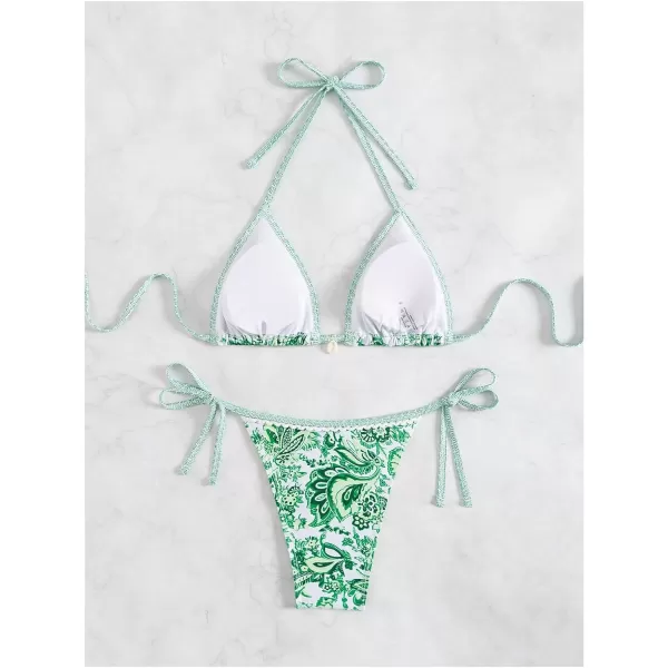 WDIRARA Women's 2 Piece Boho Swimsuits Floral Print Halter String Triangle Bikini Set Beach Bathing Suit