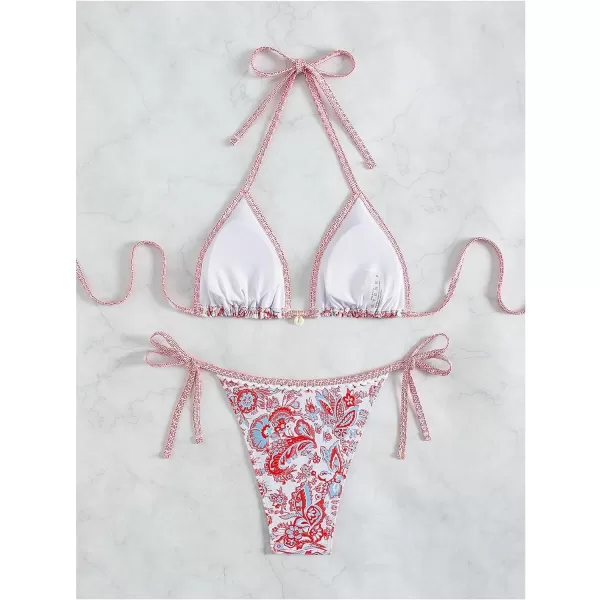 WDIRARA Women's 2 Piece Boho Swimsuits Floral Print Halter String Triangle Bikini Set Beach Bathing Suit
