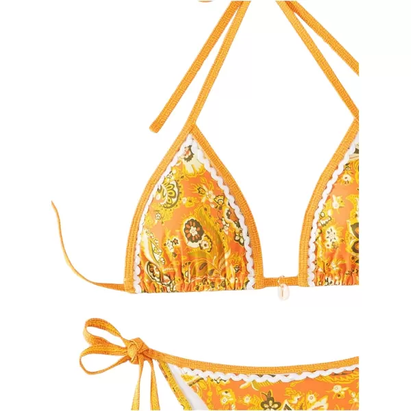 WDIRARA Women's 2 Piece Boho Swimsuits Floral Print Halter String Triangle Bikini Set Beach Bathing Suit