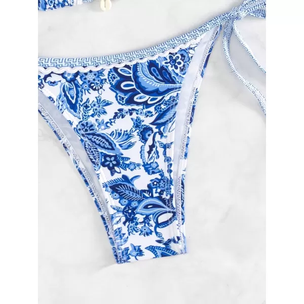 WDIRARA Women's 2 Piece Boho Swimsuits Floral Print Halter String Triangle Bikini Set Beach Bathing Suit