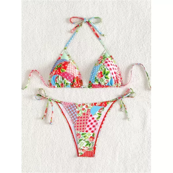 WDIRARA Women's 2 Piece Boho Swimsuits Floral Print Halter String Triangle Bikini Set Beach Bathing Suit