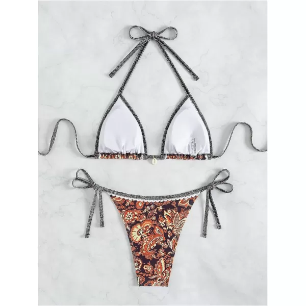 WDIRARA Women's 2 Piece Boho Swimsuits Floral Print Halter String Triangle Bikini Set Beach Bathing Suit