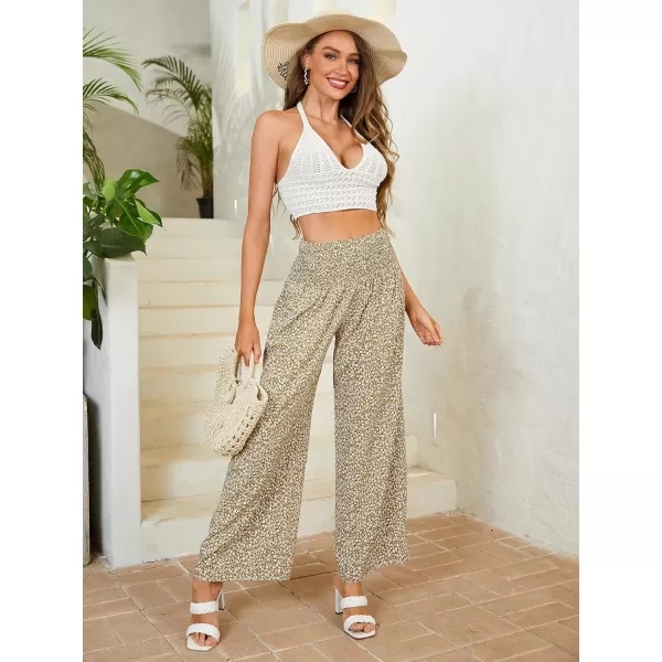 WDIRARA Women's Boho Floral Print Shirred Elastic High Waist Wide Leg Pants