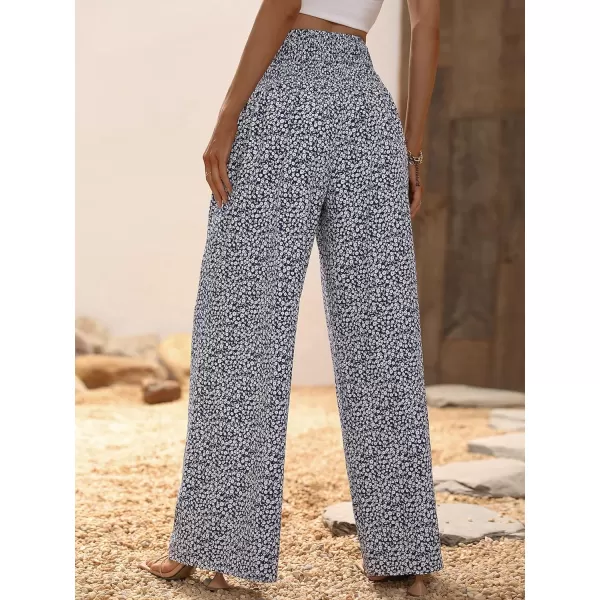 WDIRARA Women's Boho Floral Print Shirred Elastic High Waist Wide Leg Pants