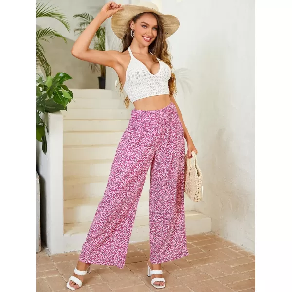 WDIRARA Women's Boho Floral Print Shirred Elastic High Waist Wide Leg Pants