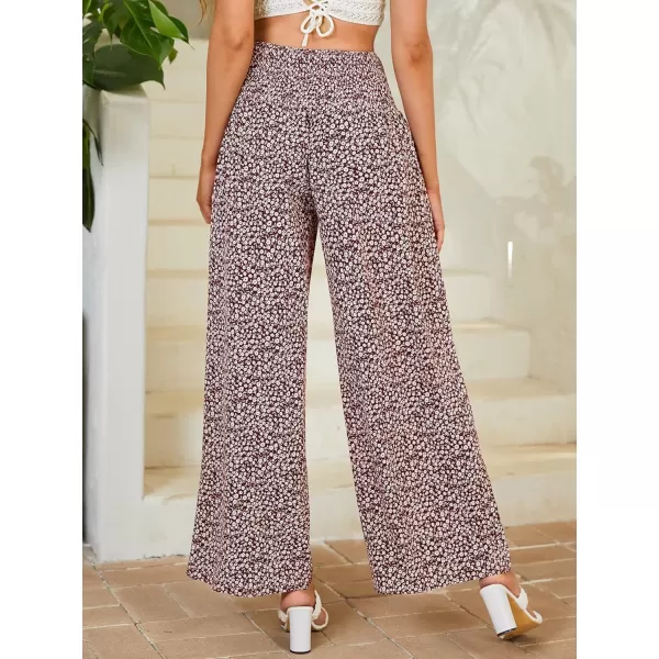 WDIRARA Women's Boho Floral Print Shirred Elastic High Waist Wide Leg Pants
