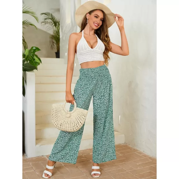 WDIRARA Women's Boho Floral Print Shirred Elastic High Waist Wide Leg Pants