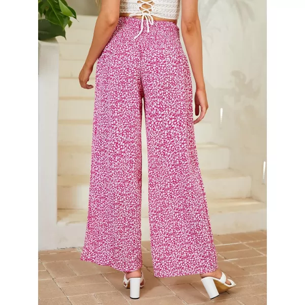 WDIRARA Women's Boho Floral Print Shirred Elastic High Waist Wide Leg Pants