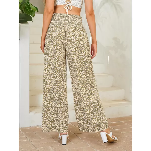 WDIRARA Women's Boho Floral Print Shirred Elastic High Waist Wide Leg Pants
