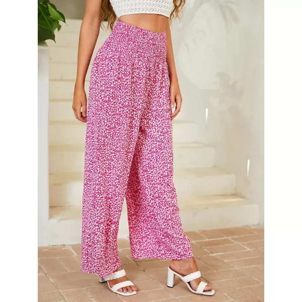 WDIRARA Women's Boho Floral Print Shirred Elastic High Waist Wide Leg Pants