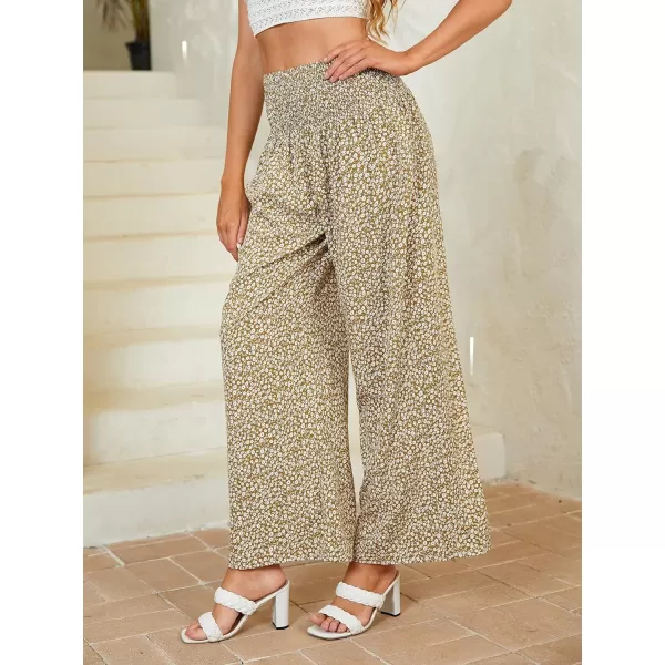 WDIRARA Women's Boho Floral Print Shirred Elastic High Waist Wide Leg Pants