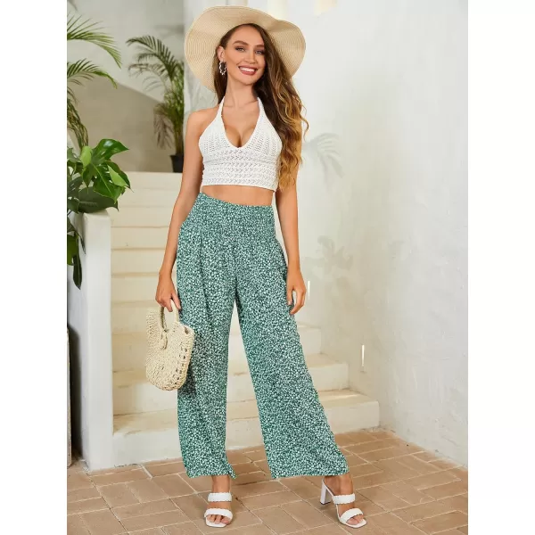 WDIRARA Women's Boho Floral Print Shirred Elastic High Waist Wide Leg Pants