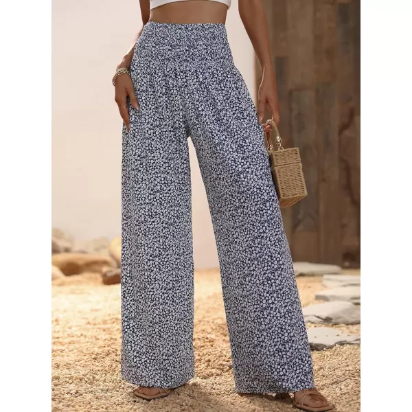 WDIRARA Women's Boho Floral Print Shirred Elastic High Waist Wide Leg Pants
