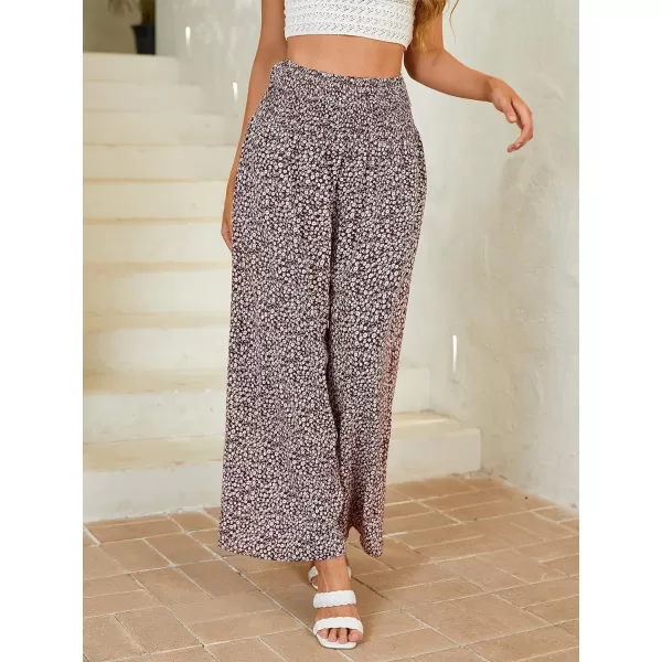 WDIRARA Women's Boho Floral Print Shirred Elastic High Waist Wide Leg Pants