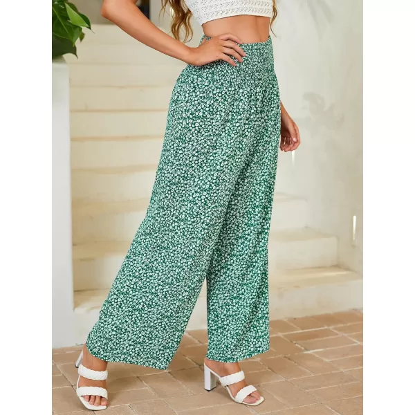 WDIRARA Women's Boho Floral Print Shirred Elastic High Waist Wide Leg Pants