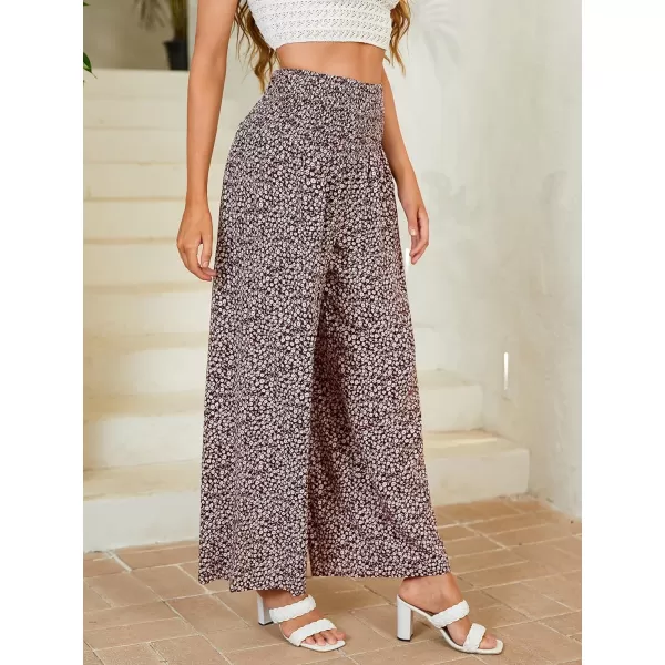 WDIRARA Women's Boho Floral Print Shirred Elastic High Waist Wide Leg Pants