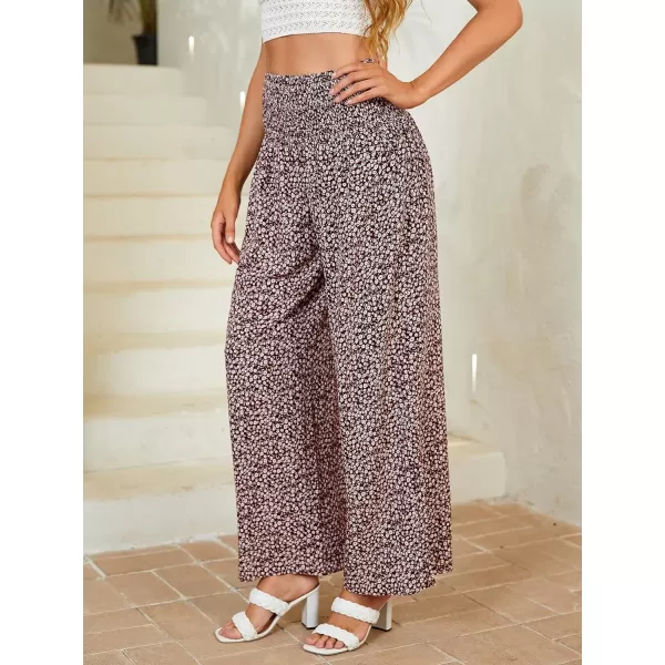 WDIRARA Women's Boho Floral Print Shirred Elastic High Waist Wide Leg Pants
