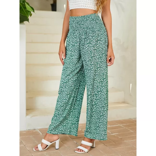 WDIRARA Women's Boho Floral Print Shirred Elastic High Waist Wide Leg Pants
