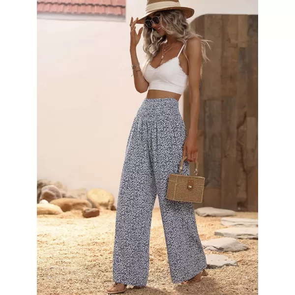 WDIRARA Women's Boho Floral Print Shirred Elastic High Waist Wide Leg Pants