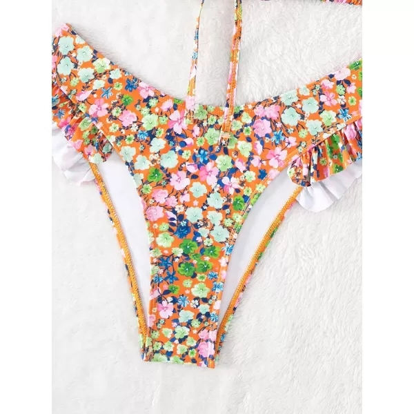 WDIRARA Women's Floral Print Tie Front Frill Trim Triangle Bikini Swimsuit