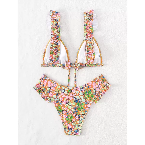 WDIRARA Women's Floral Print Tie Front Frill Trim Triangle Bikini Swimsuit