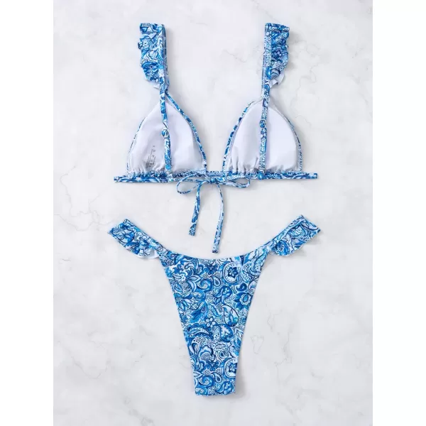 WDIRARA Women's Floral Print Tie Front Frill Trim Triangle Bikini Swimsuit
