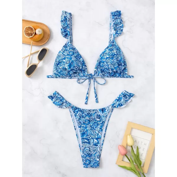 WDIRARA Women's Floral Print Tie Front Frill Trim Triangle Bikini Swimsuit