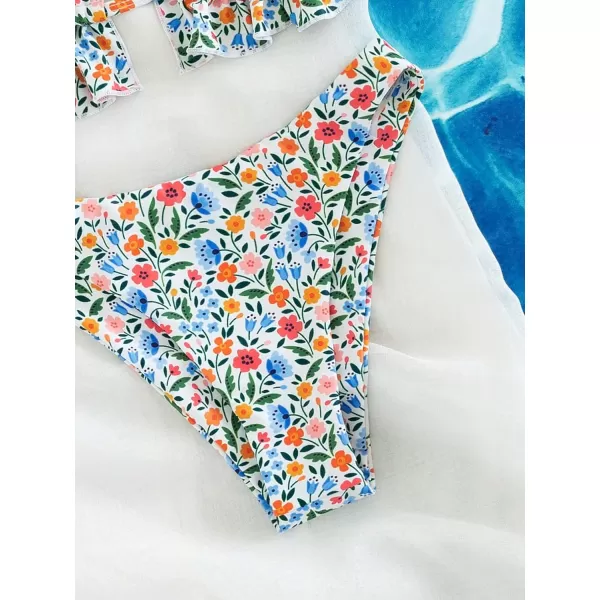 WDIRARA Women's Floral Print Tie Front Frill Trim Triangle Bikini Swimsuit