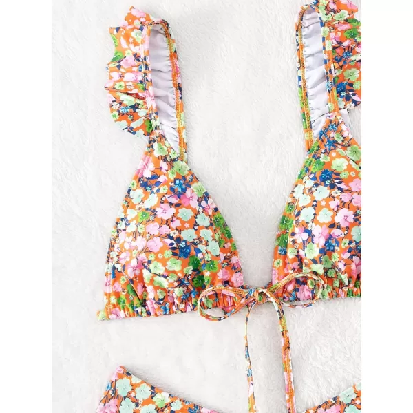 WDIRARA Women's Floral Print Tie Front Frill Trim Triangle Bikini Swimsuit