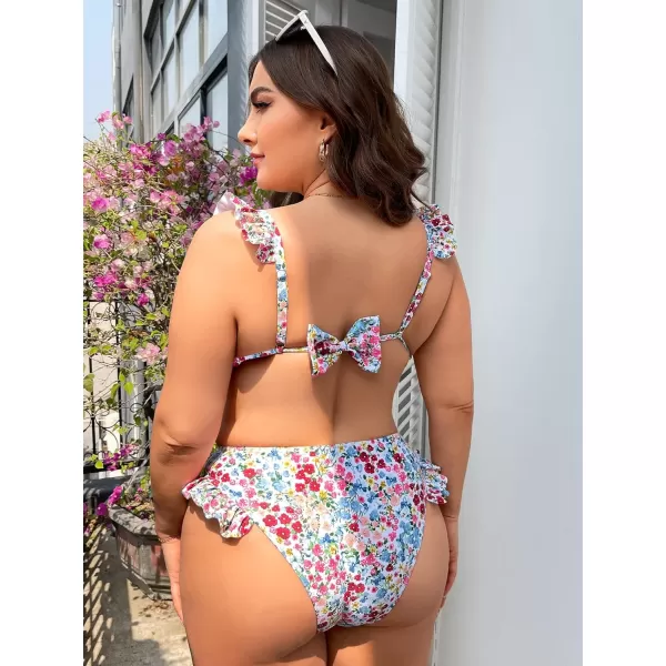 WDIRARA Women's Floral Print Tie Front Frill Trim Triangle Bikini Swimsuit