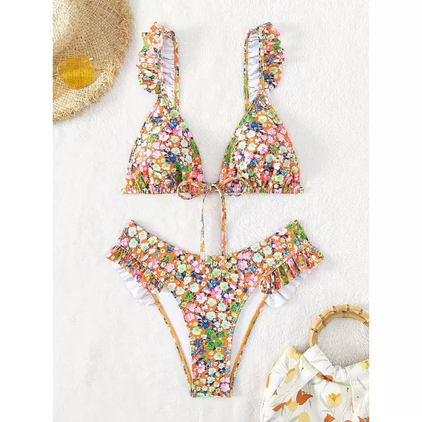 WDIRARA Women's Floral Print Tie Front Frill Trim Triangle Bikini Swimsuit