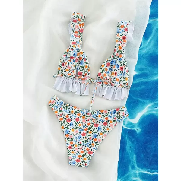 WDIRARA Women's Floral Print Tie Front Frill Trim Triangle Bikini Swimsuit