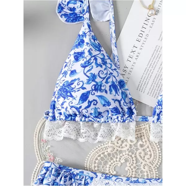 WDIRARA Women's Floral Print Tie Front Frill Trim Triangle Bikini Swimsuit