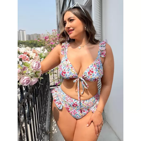WDIRARA Women's Floral Print Tie Front Frill Trim Triangle Bikini Swimsuit