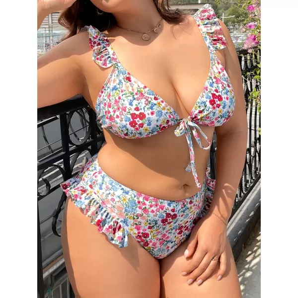 WDIRARA Women's Floral Print Tie Front Frill Trim Triangle Bikini Swimsuit